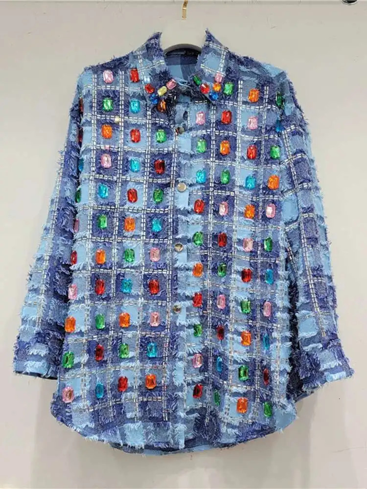 DEAT Womens Denim Shirt Loose Patchwork Plaid Burrs Edge Colored Diamond Single Breasted Blouse Summer Fashion 29L6604 250523