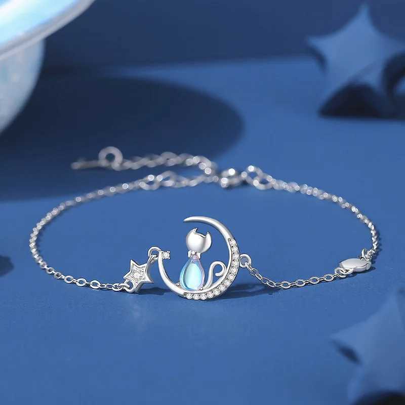 NEW European S925 Sterling silver AAA CZ Moon Stars Cat Bracelet Chain For Women Men Birthday Party Gift Jewelry W250526