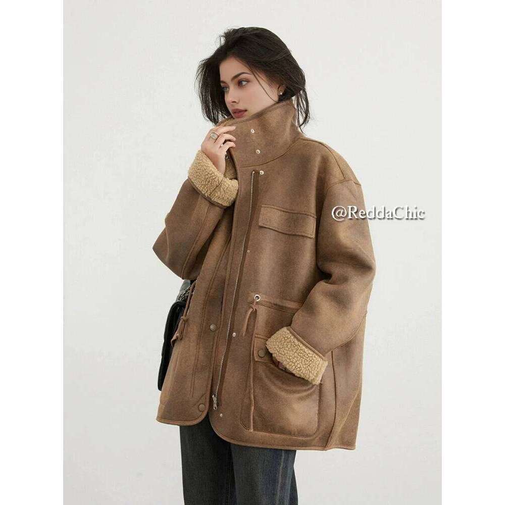 Reddachic Korean Reversible Bomber Jacket Women Work Casual Drawstring Brown Leather Fleece Oversize Coat Retro Winter Outerwear