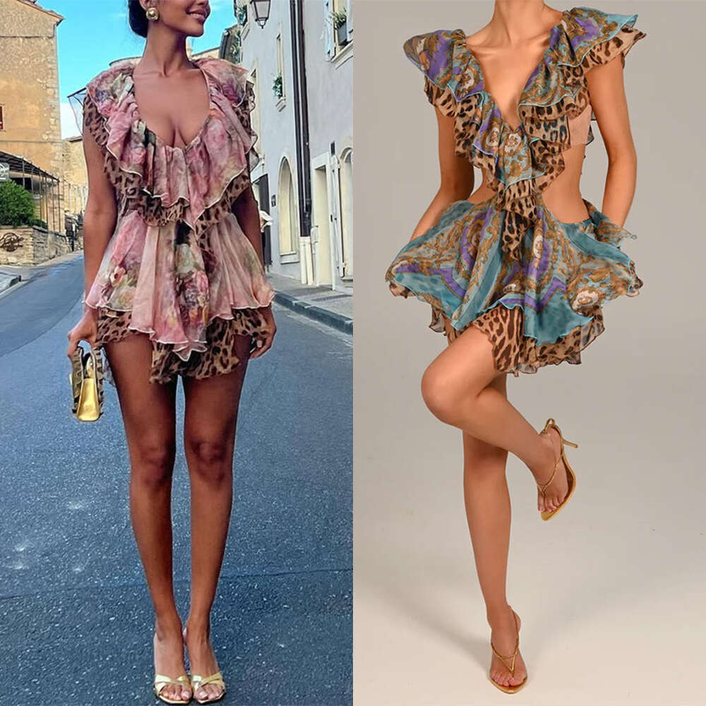 Women's Sexy Sleeveless Printed Dress with Irregular Hem and Ruffles 8150