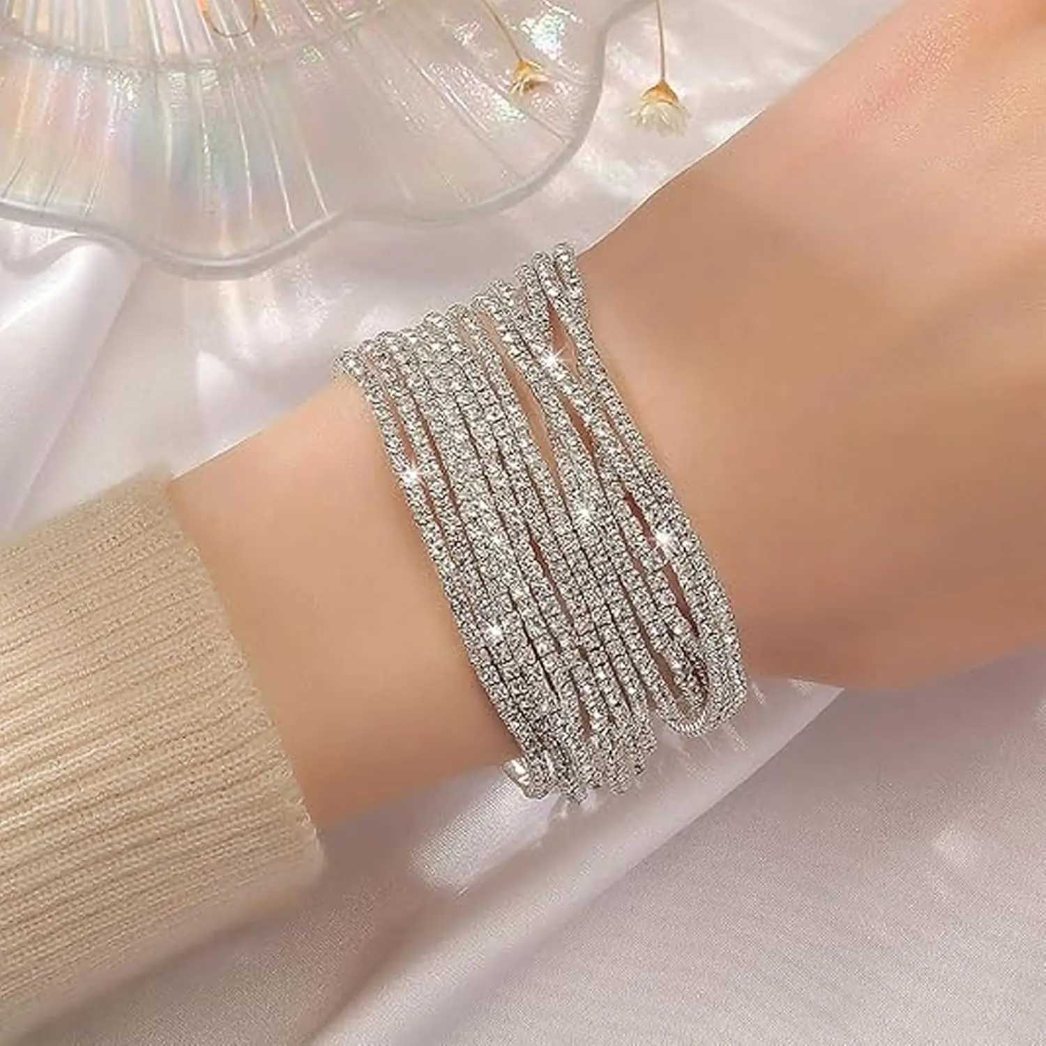 12pcs/Set Rhinestone Chain Tennis Bracelets for Women Cuff Chunky Elastic Bracelets Bracelet Stack Wedding Prom Jewelry Gifts W250526