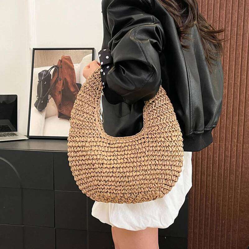 Women's Bags Designer Bird's Nest Beach Simple Bow Handle Straw Handbag Seaside Vacation Woven Versatile Hand-Held Shoulder Bucket Bag