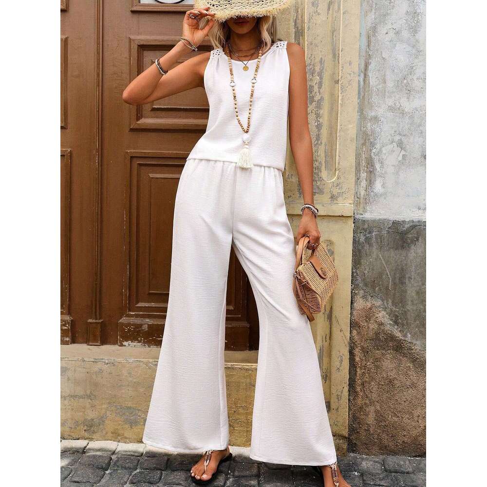 2025 New Summer Sleeveless Solid Color Backless Lace Trim Set Women's Fashion