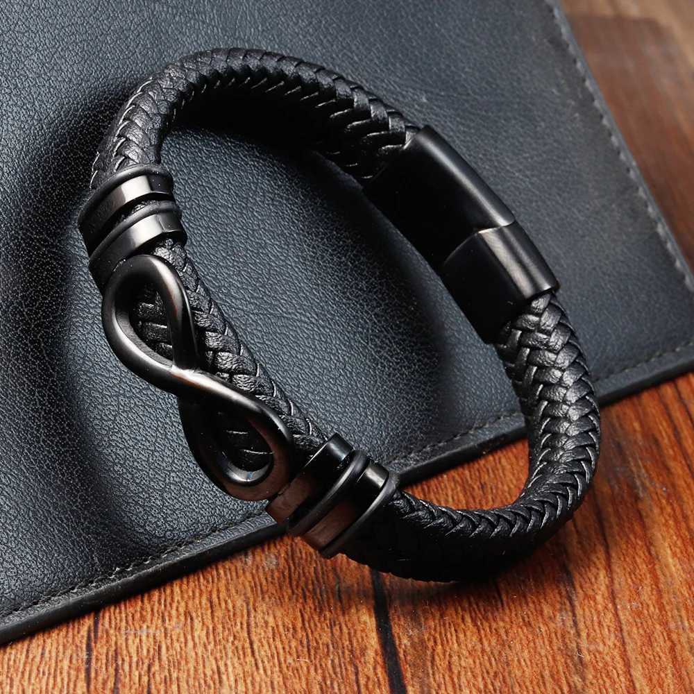 Classic Stainless Steel Leather Bracelet For Men Chain Wristband Business Charm Jewelry Accessories for Dad Boyfriend W250526