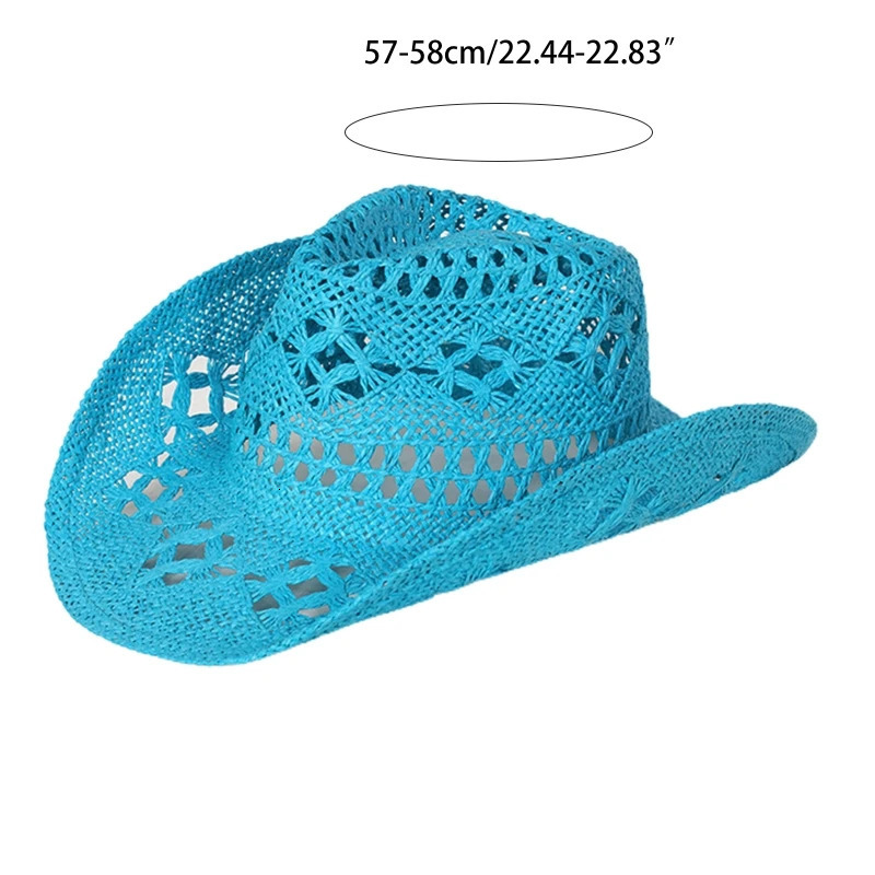 Western Crochet Cowboy Straw Hats for Women Men Solid Color Wide Brim Beach Sun Hat Handmade Hollow Out Cowgirl Cap 250526
