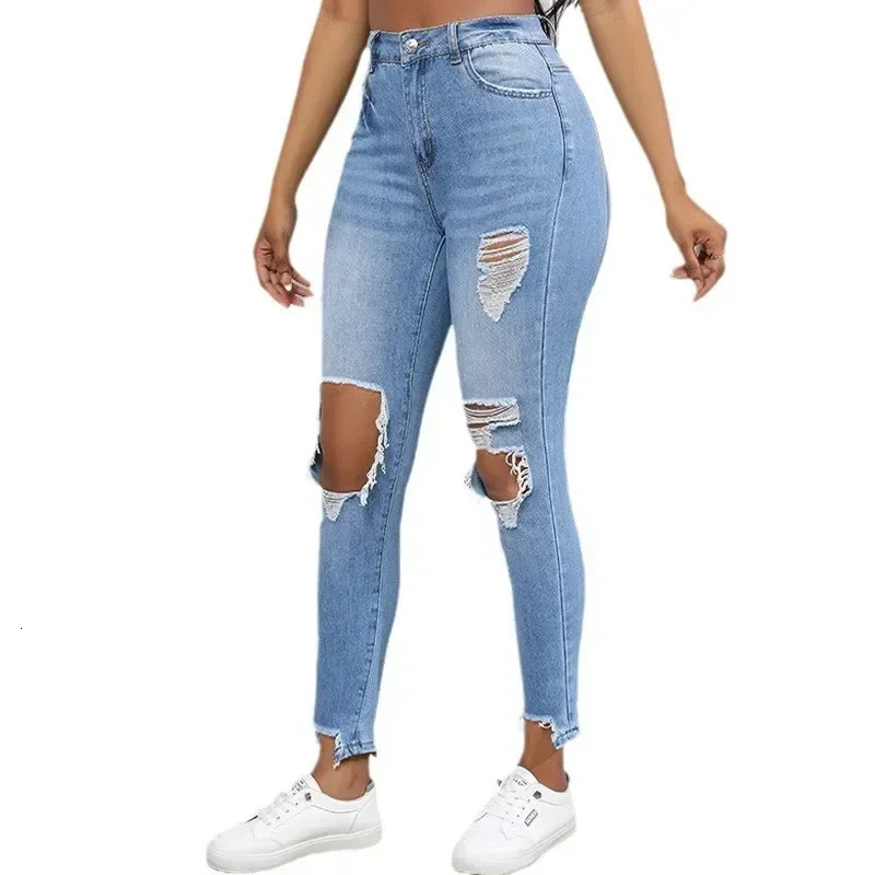 Women Jeans Holes Distressed Pencil Pants Denim Pockets Sexy High Waist Washing Zipper Fly Slim Fit Ankle Length Summer 250516Z