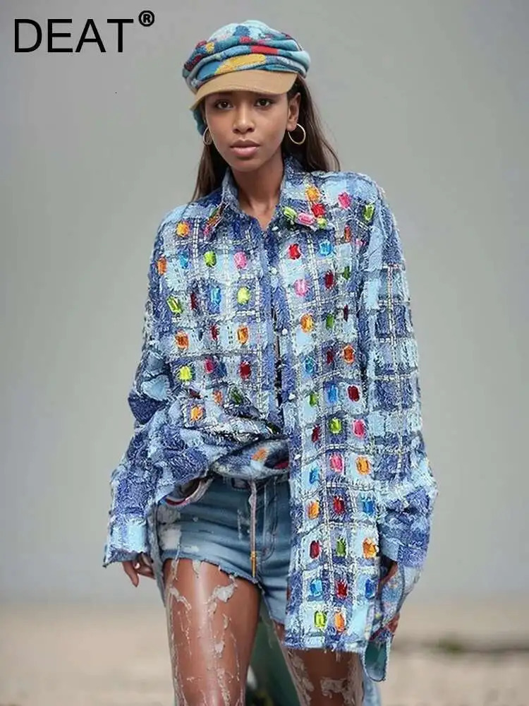 DEAT Womens Denim Shirt Loose Patchwork Plaid Burrs Edge Colored Diamond Single Breasted Blouse Summer Fashion 29L6604 250523