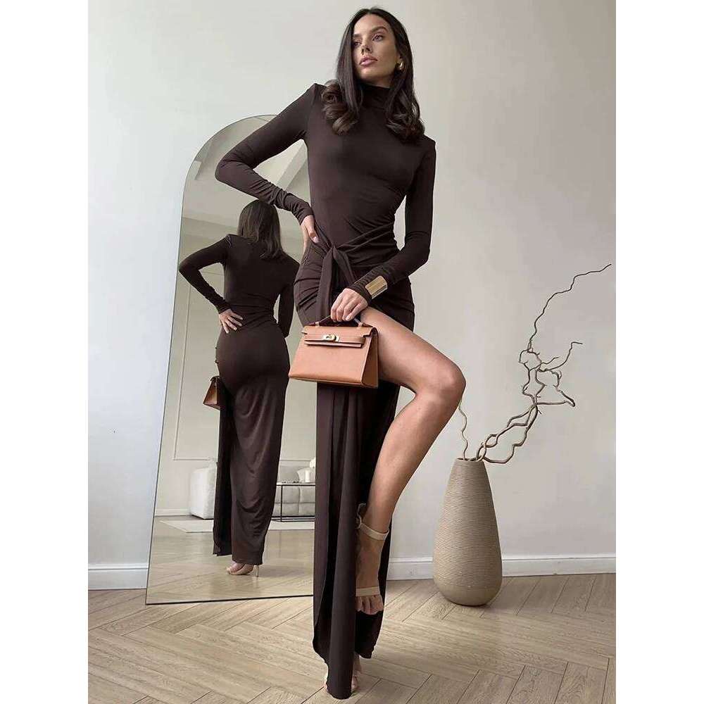 Hot Tight Dresses Mozision Turtleneck Thigh High Split Sexy Maxi For Women Fashion Sleeve Draped Bandage Bodycon Club Long Dress Casual Knee Length Dr