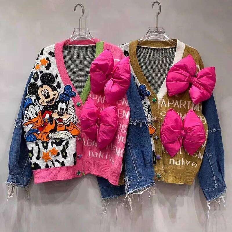 Unique Design Denim Splicing Knitted Cardigan Women's Autumn Winter Loose Contrasting Color Leopard Print V-Neck Sweater Jacket