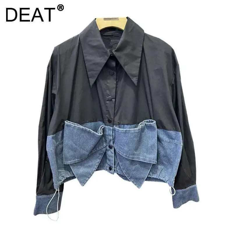 DEAT Womens Shirt Loose Patchwork Denim 3d Bow Single Breasted Drawstring Short Loose Blouse Summer 2025 Fashion 29L9126 250523