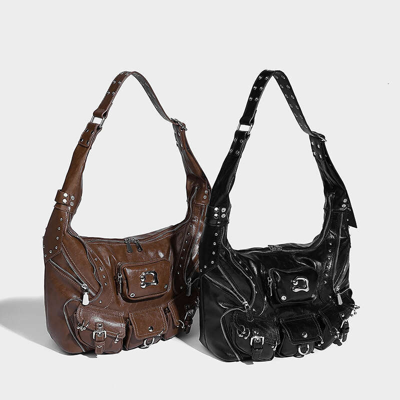 Sweet Cool Spicy Girl Fashion Versatile Single Shoulder Underarm Motorcycle Bag Heavy duty Rivet Multi Pocket Design Large Capacity Handbag