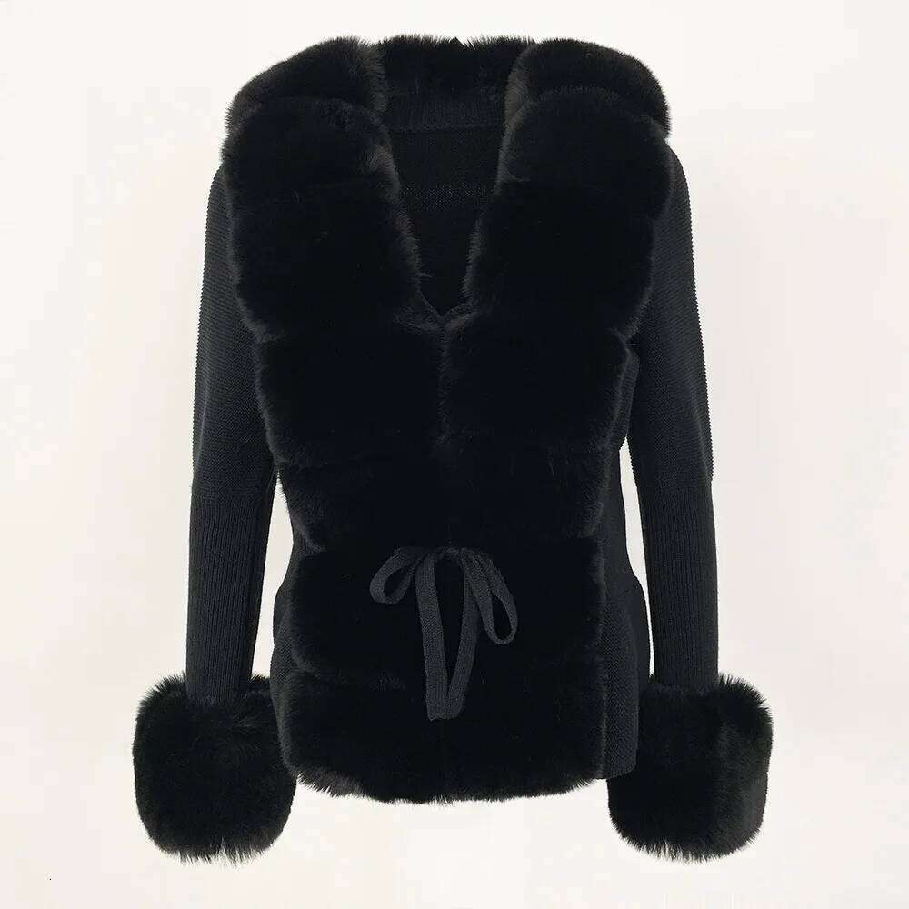 Patchwork Knit Sweater Bandage Cardigan Detachable Collar Jacket Autumn-winter Women's Faux Fur Coat