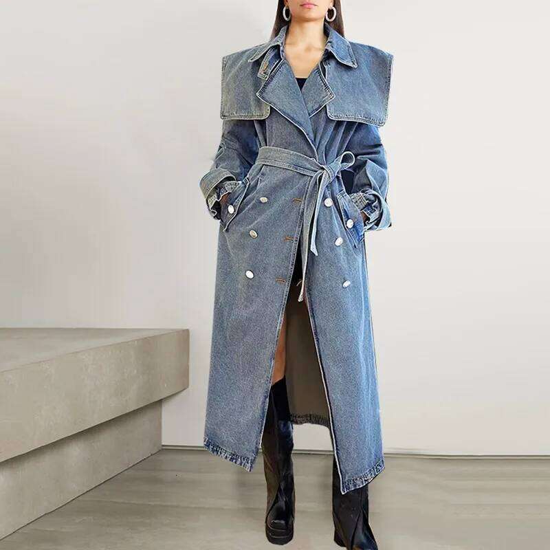 Women Denim Trench Coats Office Lady Sleeves Lace Up Pockets Loose Long Jackets 2025 Spring Jacket Y2k Streetwear