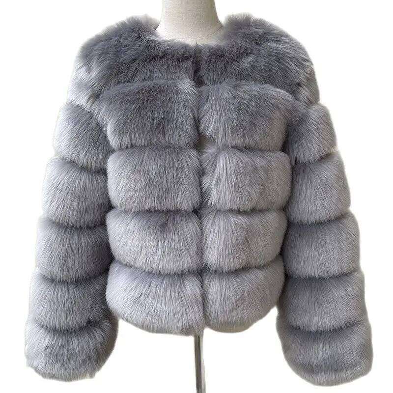 HJQJLJLS Long Sleeve Faux 2021 Winter Women Fashion Thick Warm Fuzzy Coat Outerwear Female Gray/Black Fake Fur Jacket