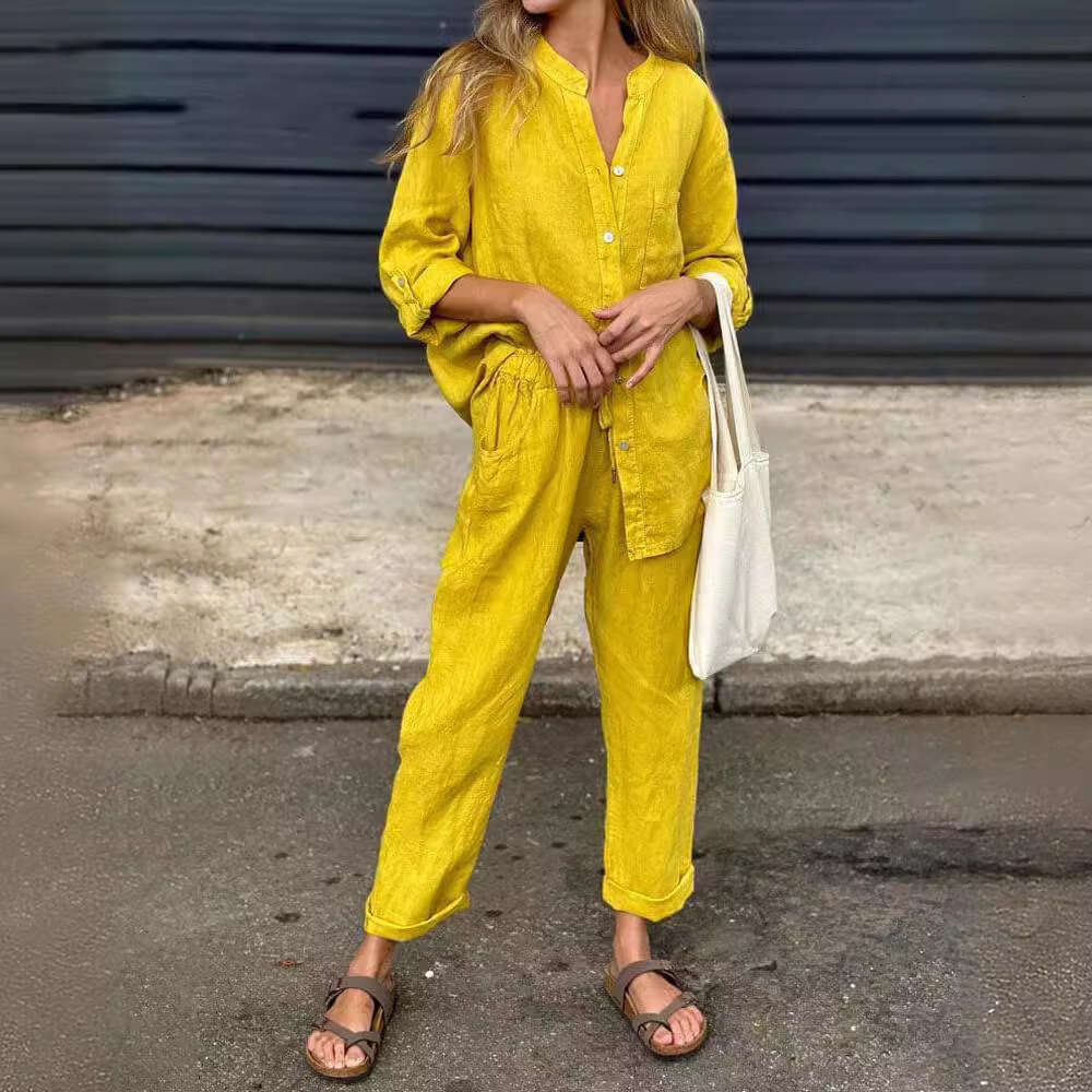 2025 Summer New Women's 2-Piece Set Plus Size Cotton Linen Shirt Suit High Waist Loose Long Pants