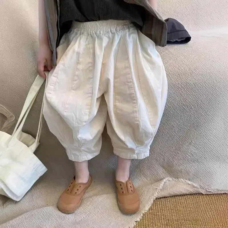 Childrens Pants Korean Summer Girls Solid Color Casual Wide Leg Cropped for Boys Versatile Harlan Pants 250527