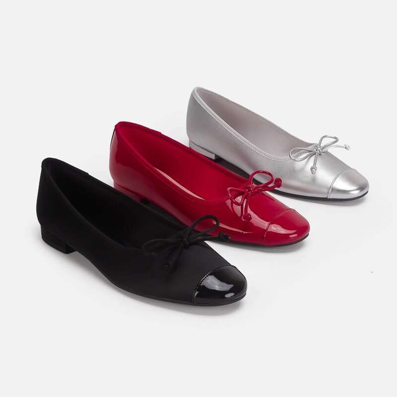 Sheepskin Version ~ Silver Ballet for Women, Flat Genuine Leather Round Toe Shallow Mouth Single Shoes with Bowknot Slip-On Loafers