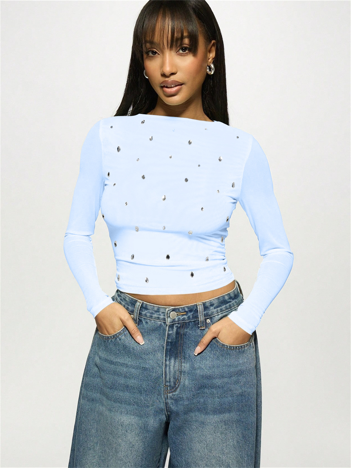 Summer new women's casual printed slim fit semi transparent hollow long sleeved T-shirt