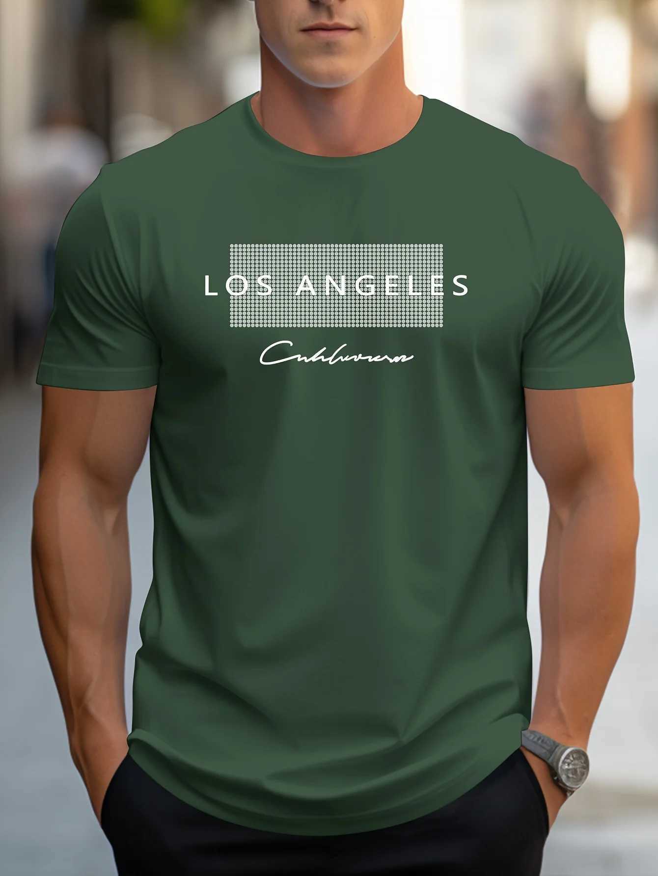 Mens 100% cotton summer loose fit large Los Angeles Graphic printed slim fit casual sports round neck short sleeved T-shirt top Z250527