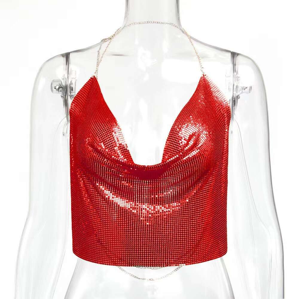 Women's New Sequin Strap Party Nightclub Music Festival Sexy Hot Girl Metal Top