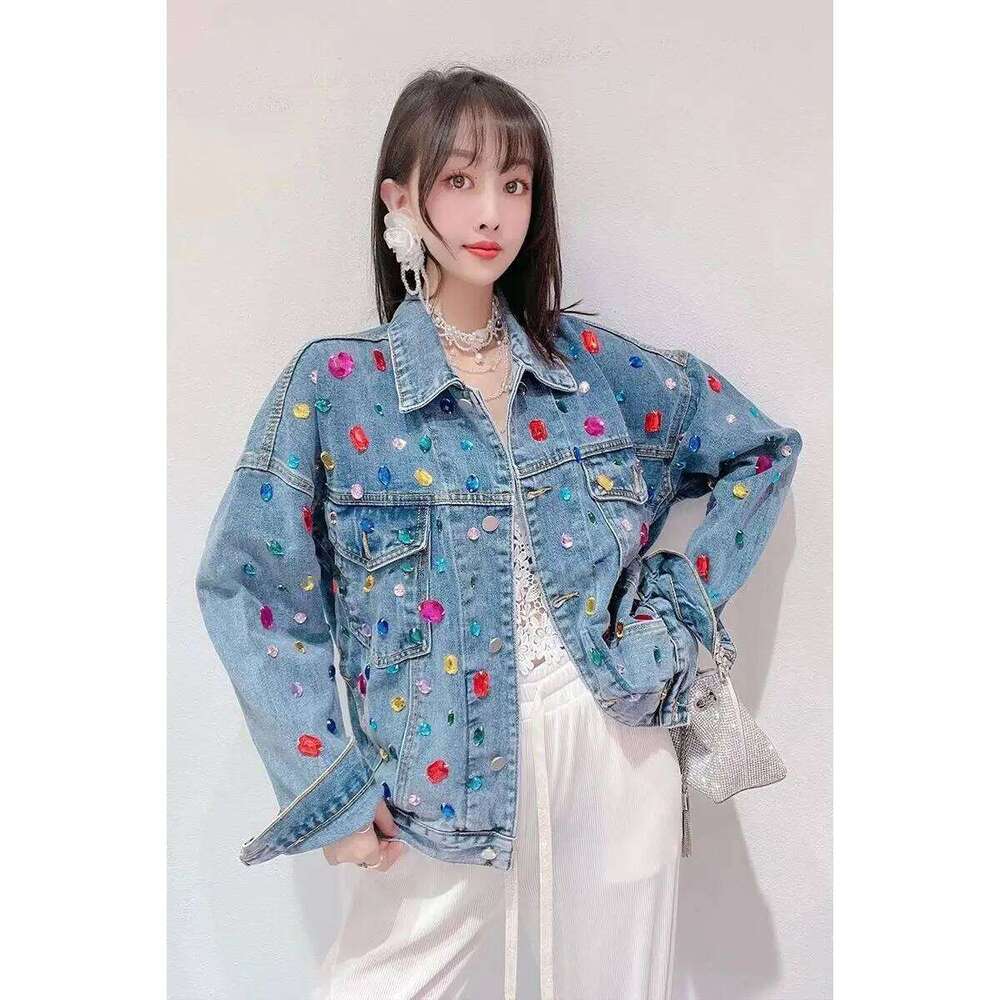 Long Sleeve Streetwear Denim Jacket Spring Women's Sweet Rainbow Dia Design Single Breasted Loose Outerwear