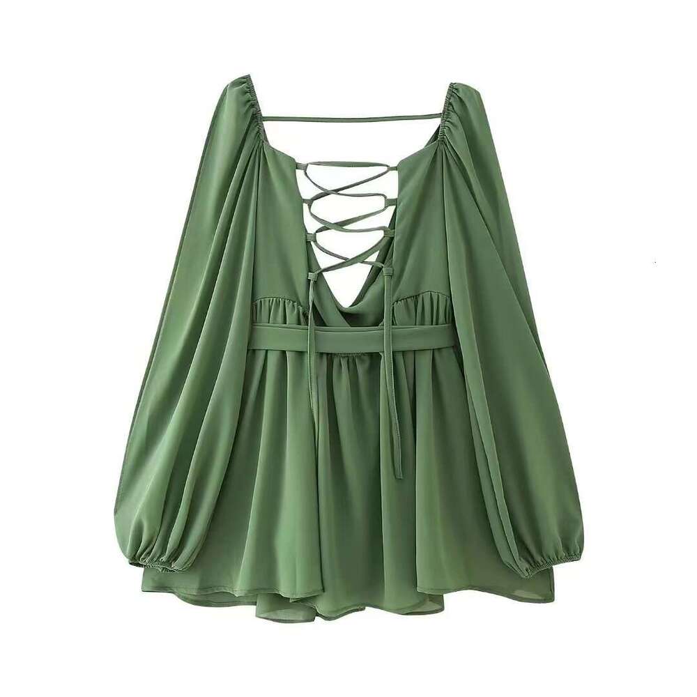 2025 Spring Women's Sexy Hot Girl Hollow Lantern Sleeve V-neck Off-shoulder Short Dress