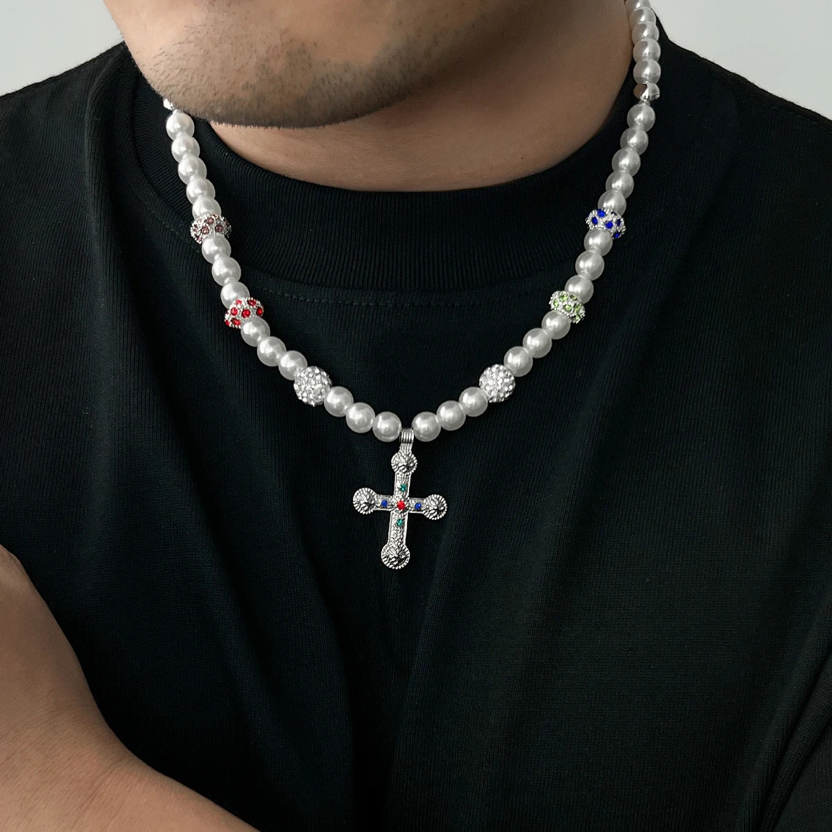 Ingemark Punk Big Cross Jesus Pendant Choker Necklace Men Vintage Pearl Crystal Chain Grunge Jewelry Steampunk Male 250522