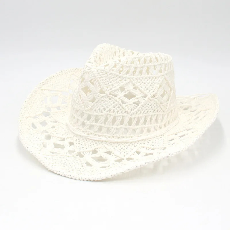 Hand woven western cowboy hats for women black straw hat men summer flanging sun visor hat hollow sombreros beach hat 250526