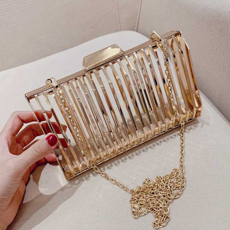 Gold Women Chain Crossbody Bags Iron Cage Metal Hollow Out Evening Clutch Purse Women Party Wedding Handbags Prom Luxury Bolso W250527