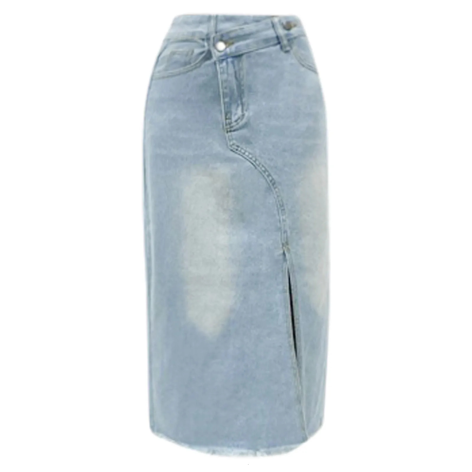 Women Mid Length Jean Skirt With Pockets High Waist Front Split Bodycon Striaght Skirts Washed Light Color 250516Z