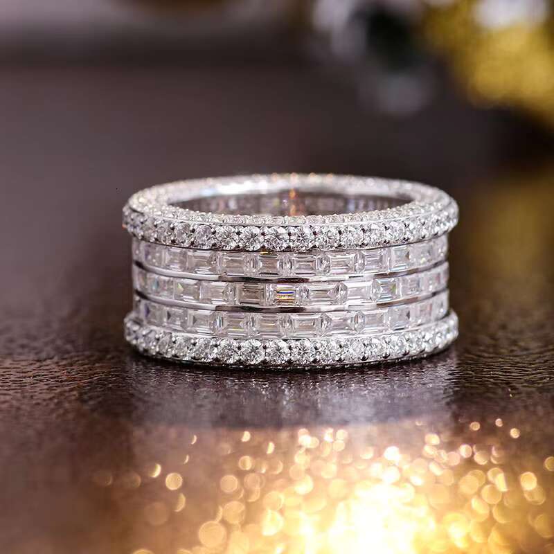 925Silver Men Moissanite Band With D Color VVS Three Rows Stone Ice Out Round Brilliant Cut Loose Diamond Hip Hop Ring Custom