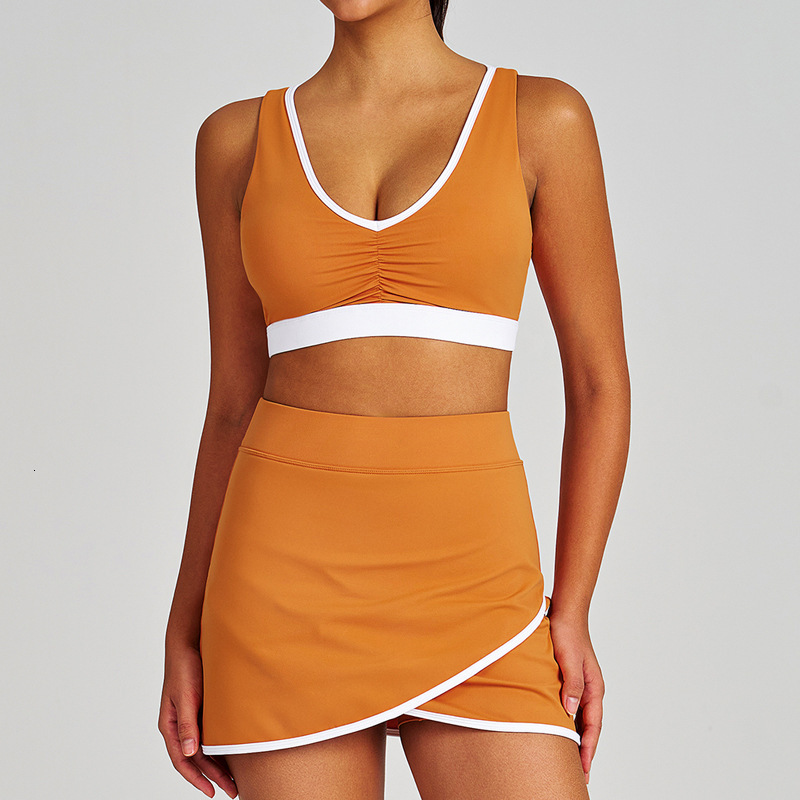 Color Block Wrinkled Yoga Outfit Set Tennis Skirt Tank Top Shockproof Quick-Dry Shorts Sports Bra for Women