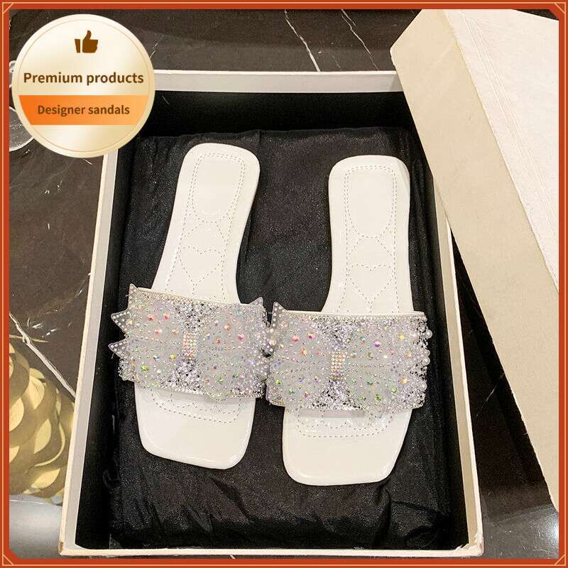 Crystal Bow Slippers For Women's Summer New Flat And Comfortable Sandals Wearing Rhinestone Sandals For Outerwear High-quality Designer Sandals F