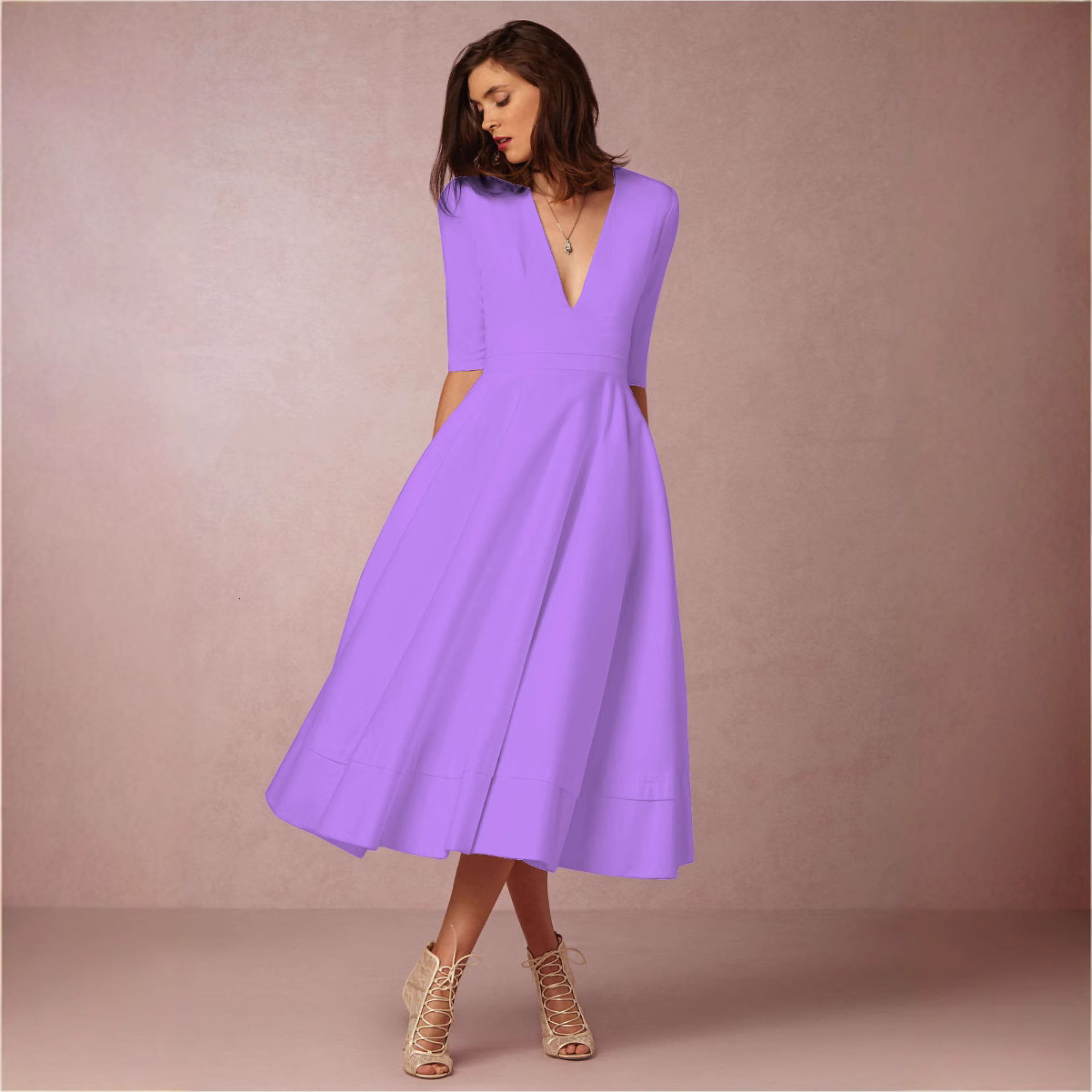 Spring and summer new sexy deep V-sleeve dress mid length dress