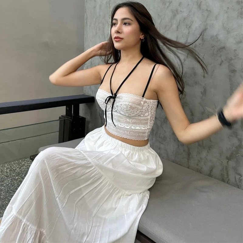 WhereMery Casual Off Shoulder Lace Mesh Slim Crop Tops Y2K Sexy Summer Women Fashion Sleeveless Solid Tank Top Street Party Vest 250523
