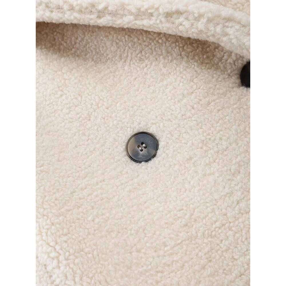 EAM Beige Big Size Thick Lamb Wool Jacket Loose Fit New Lapel Long Sleeve Women Coat Fashion Tide Spring Autumn 2025 30A2929