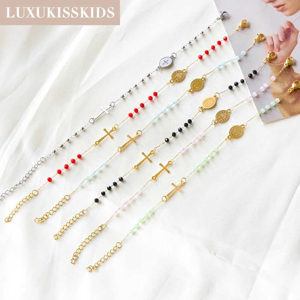 LUXUKISSKIDS Rosary Jesus Beads Bracelets Multicolor Stainless Steel Cross Christian Link Chain Enamel Prayer Hand Jewelry Gifts W250526