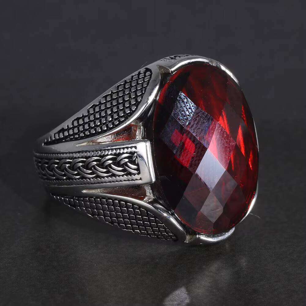 Real Pure Sterling Sier With Red Color Zircon Stone Faceted Wedding Rings for Men Vintage Turkish Jewelry