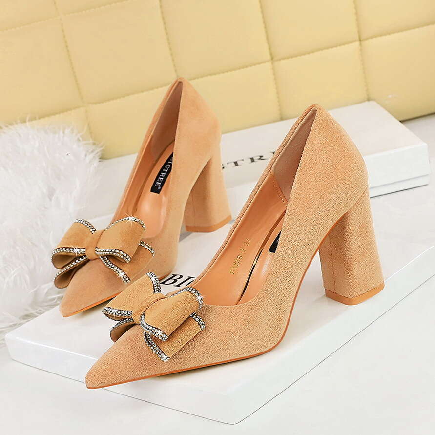 Fashion Spring and Autumn New High Heels Thick Heel Suede Shallow Mouth Pointed Bow Women's Shoes Women's Shoes, Bow High Heels