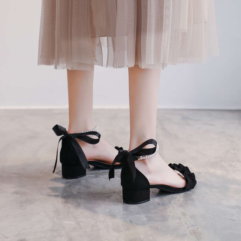 Women's Sandals Summer 2025 New Versatile Chunky Heel One-Strap Pearl Two-Way Fashion Matching Dress High Heels