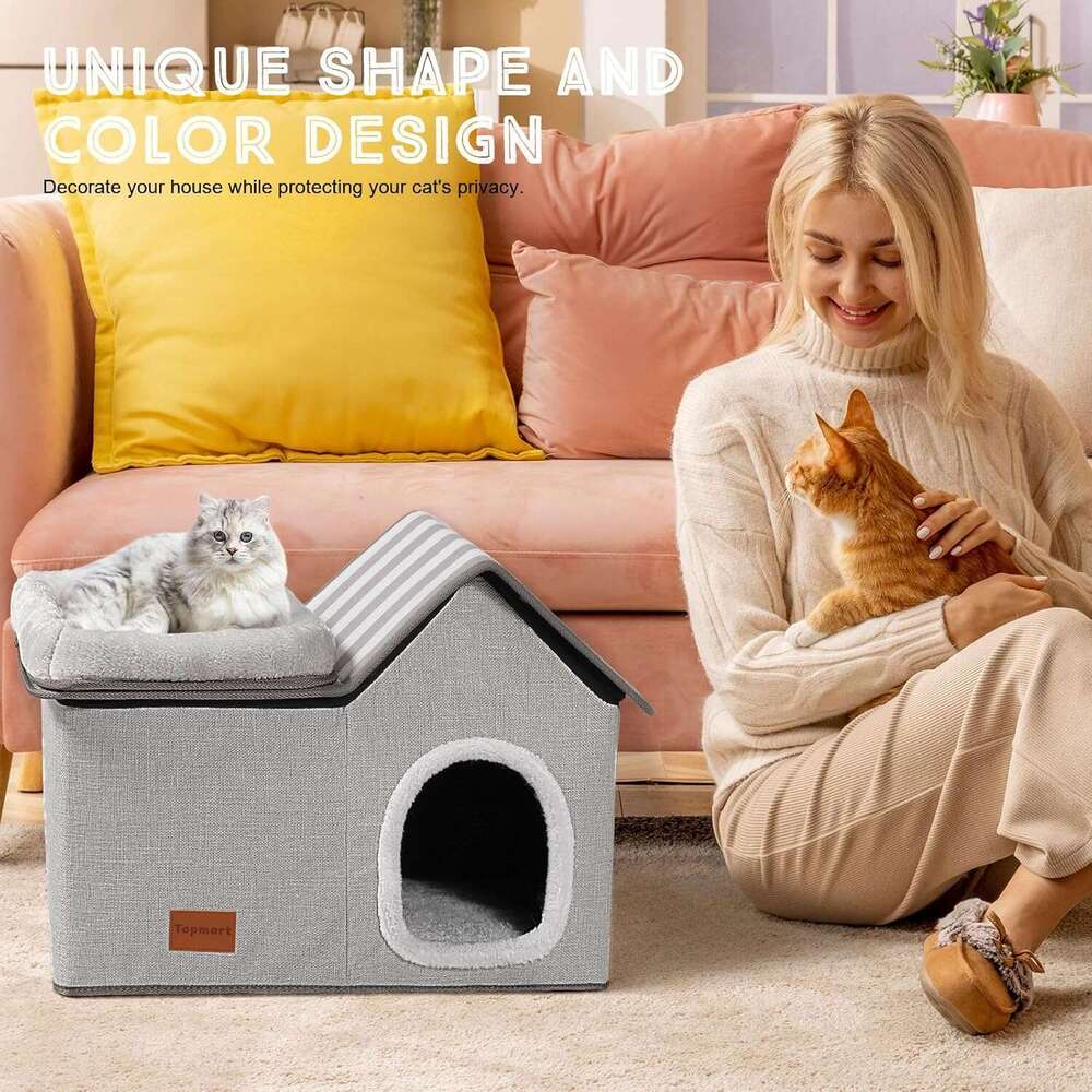 Topmart Cat House With - Large Indoor Condo, 2-in-1 Pet Bed for Kittens and Small Cats, Grey