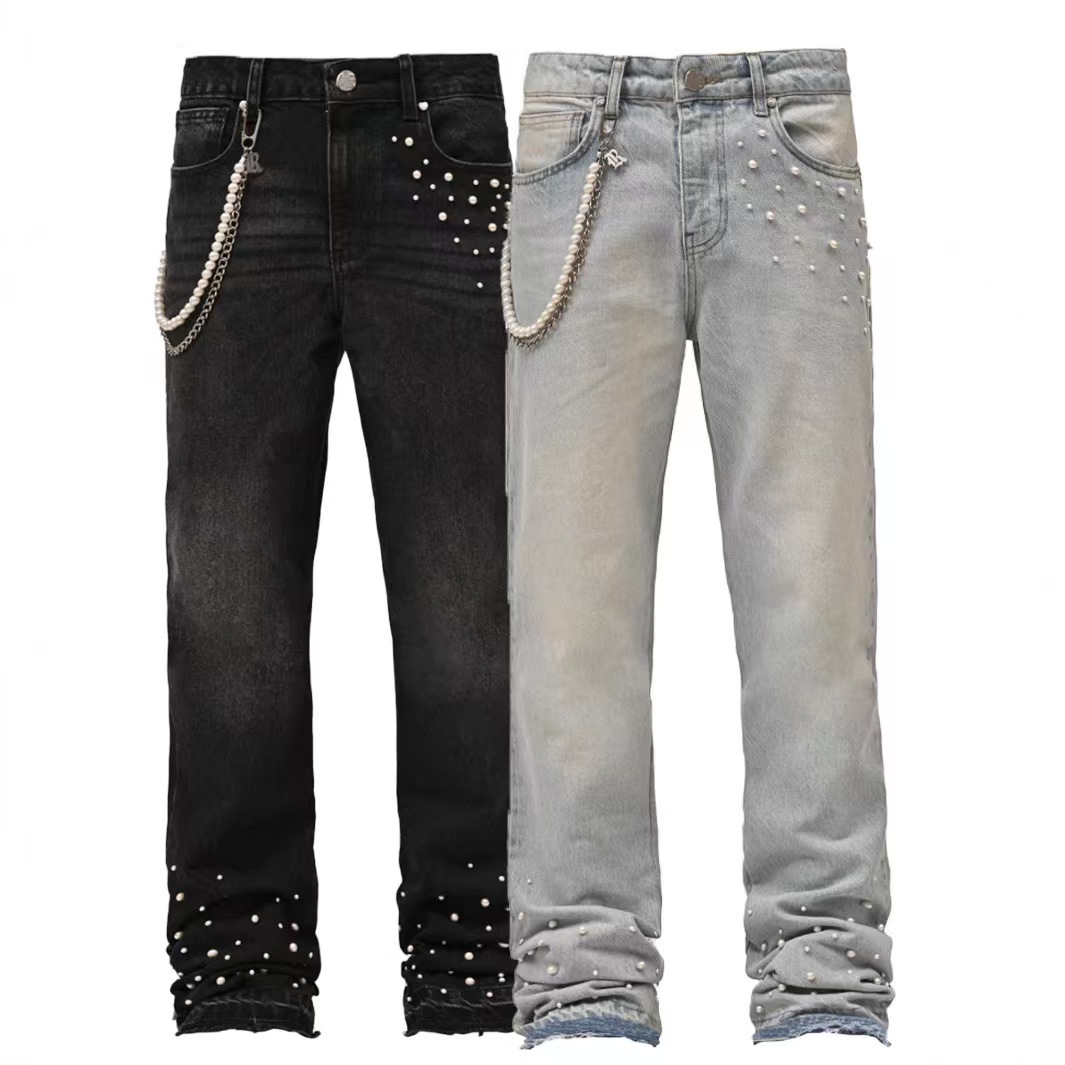 Mens jeans Straight-leg jeans European and American street fashion INS popular stretch diamond-embellished straight-leg jeans