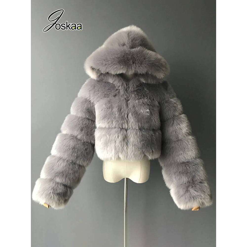 Joskaa Solid Furry Cropped Faux Fur Down Coats Women Fluffy Zipper Long Sleeve Hooded Jacket Outwear Winter Tops 2023 Streetwear