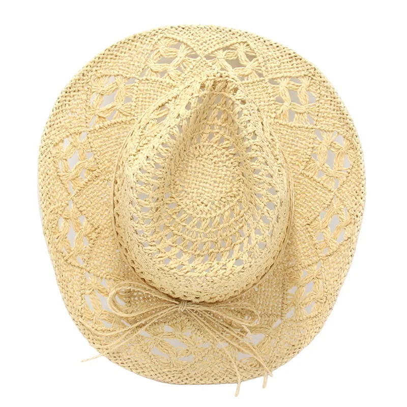 Men Women Western Cowboy Hats Summer Outdoor Hand-Woven Straw Hollowed Wide-brimmed Hat Breathable Beach Jazz Cap Sunhat 250526