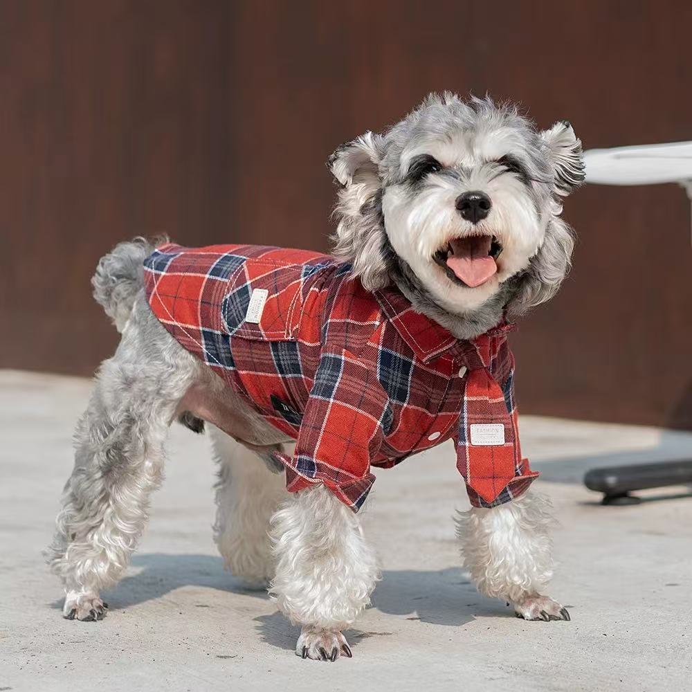 T00319 College style dog clothes autumn and winter pet plaid shirt net celebrity Teddy Schnauzer cat small dog clothes trend