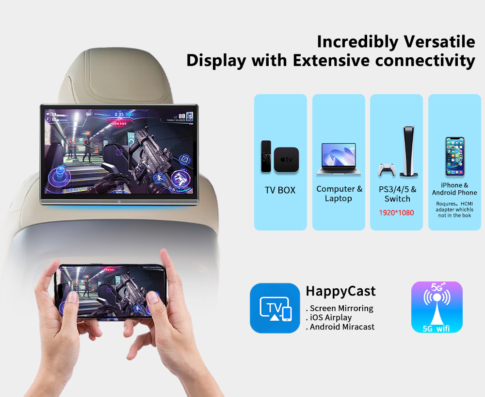 11.6 Inch 4K Headrest Player Mirror Link, HDMI, Sd Card, Headphone Jack, Portable Car Video WiFi Touch Screen with Bluetooth, FM and 2G+32G