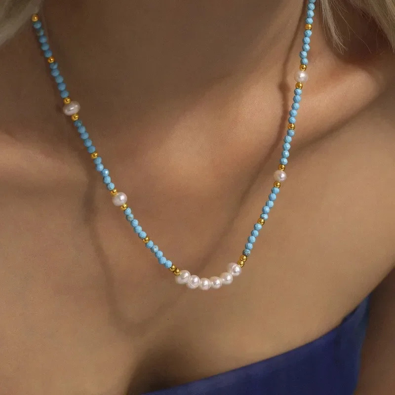 MARKA Blue Turquoise Natural Freshwater Pearl Stainless Steel Necklace for Women Niche Jewelry Accessories 250522