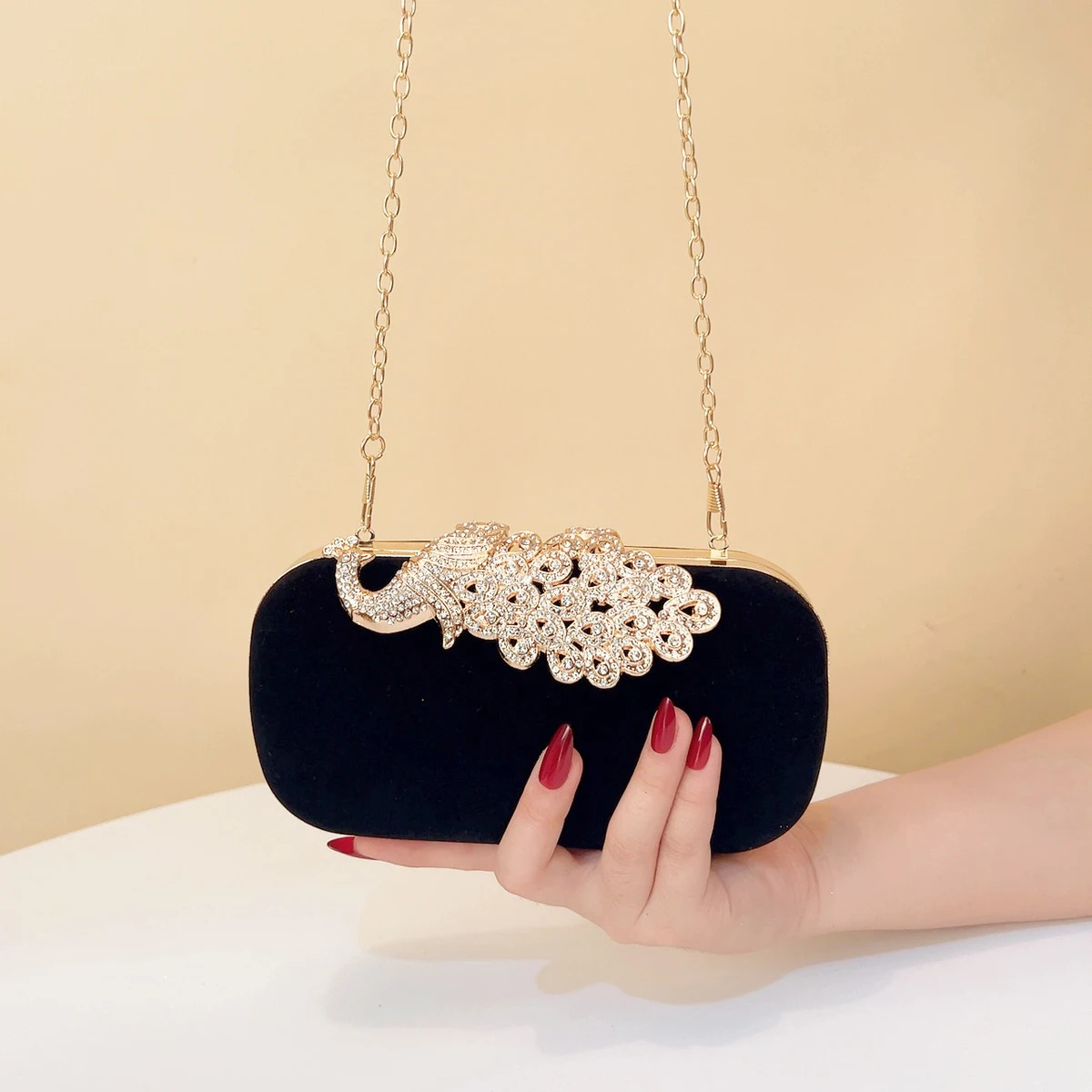 Rhinestones Women Evening Bags Velvet Crystal Glitter Clutch Bags Hollow Out Metal Shoulder Chain Handbags 250526
