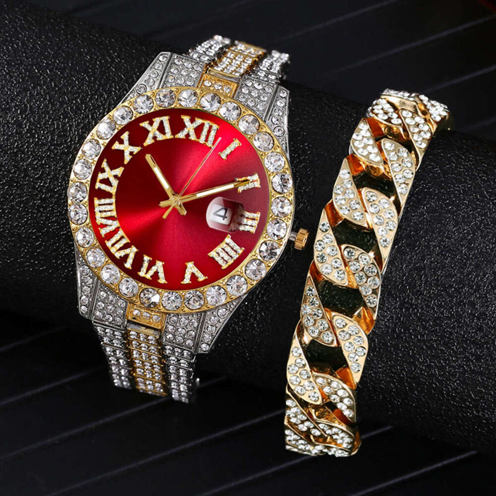New Hip-Hop Full Diamond Fashion Business Men's Quartz Watch Bracelet Set with Inlaid Diamonds Chronograph