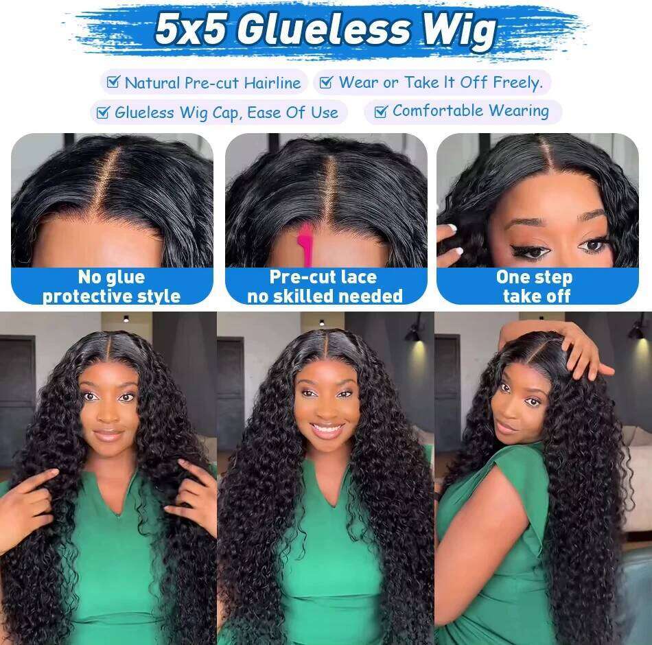 Mossily 250 Density 30 inch Curly Glueless 5x5 Ready to Wear Lace Closure Wig Pre Plucked Loose Deep Wave Human Hair Wigs